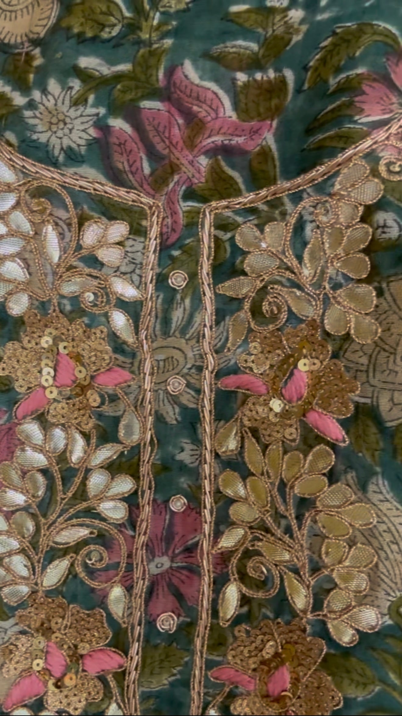 Block Print Chanderi Embellished Suit Fabric: Green