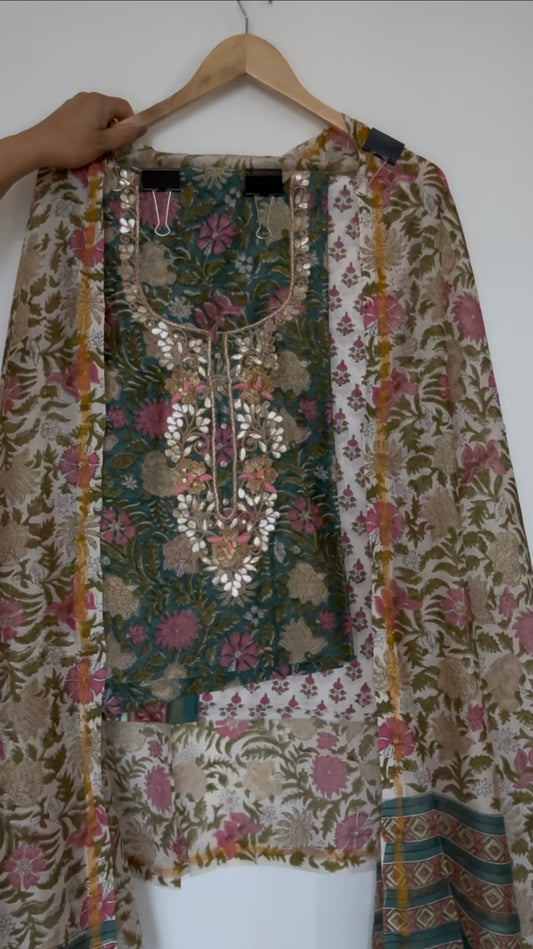 Block Print Chanderi Embellished Suit Fabric: Green