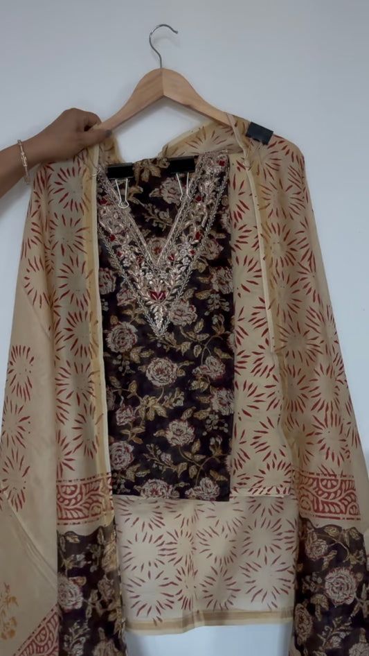 Block Print Chanderi Embellished Suit Fabric: Black