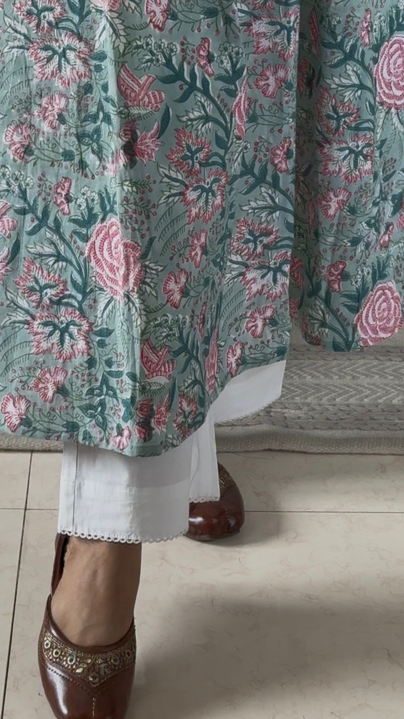 Block Print A-Line Pintucks Kurta Pant Set: Green Floral
