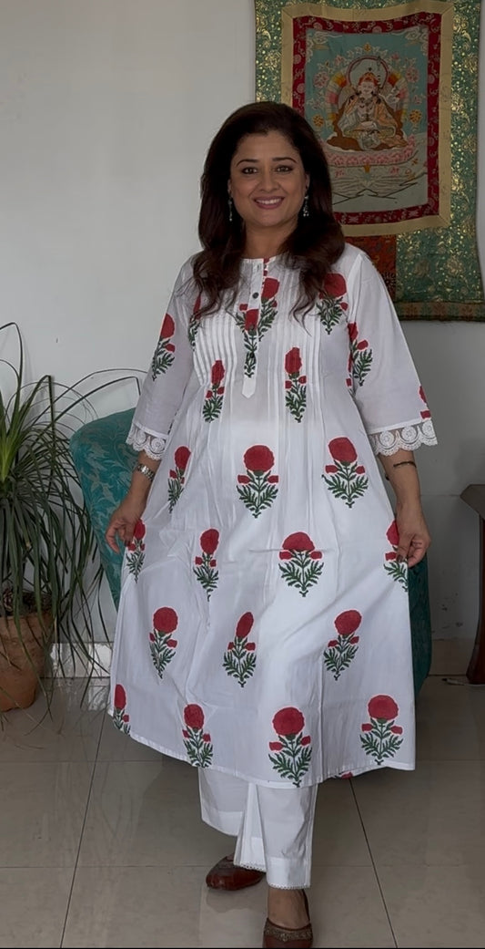 Block Print A-Line Pintucks Kurta Pant Set: Red Flowers