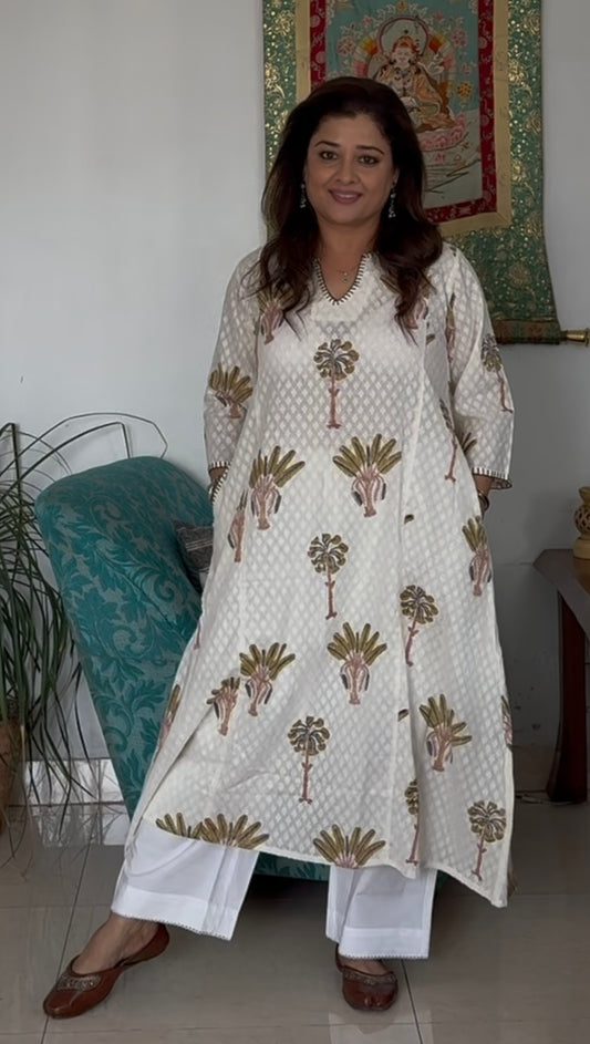 Block Print A-Line Phiran Kurta : Green Palm