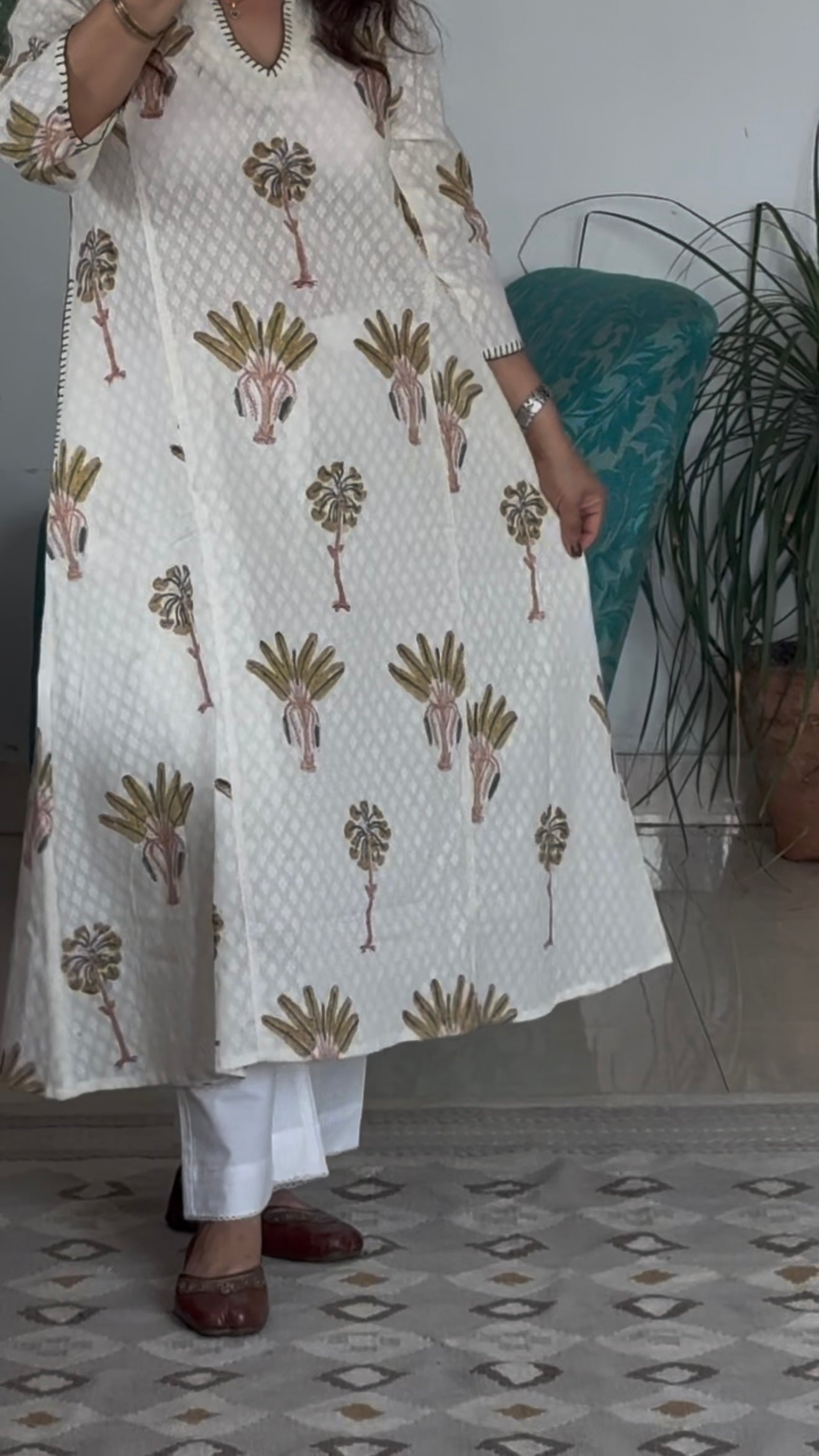 Block Print A-Line Phiran Kurta : Green Palm