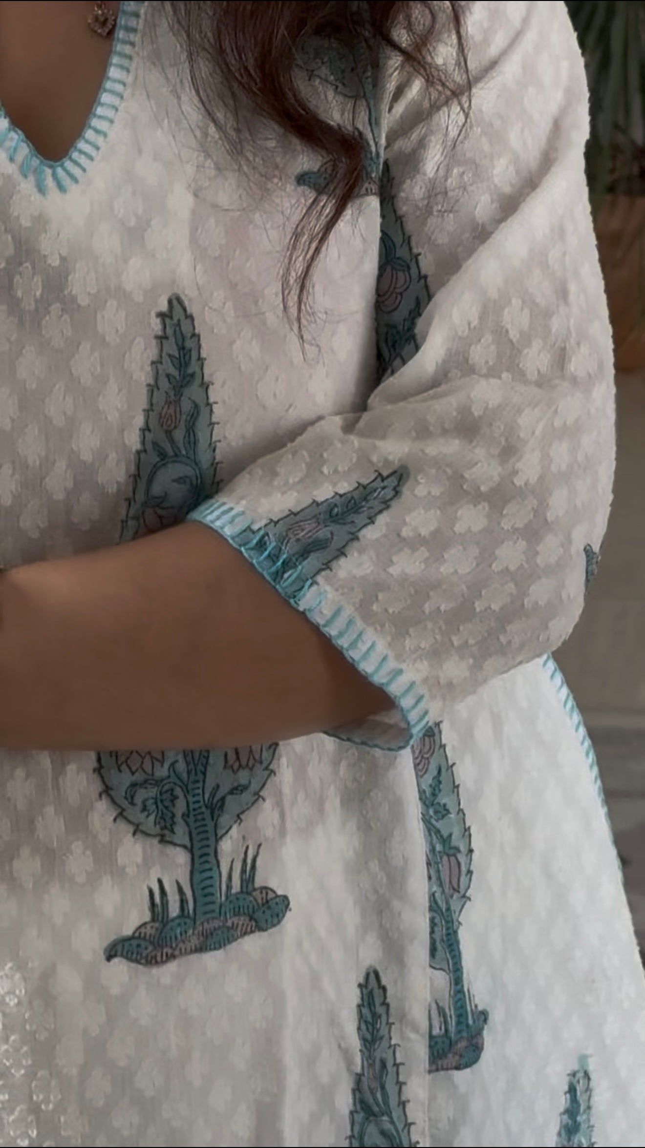 Block Print A-line Phiran Kurta: Blue Cypress