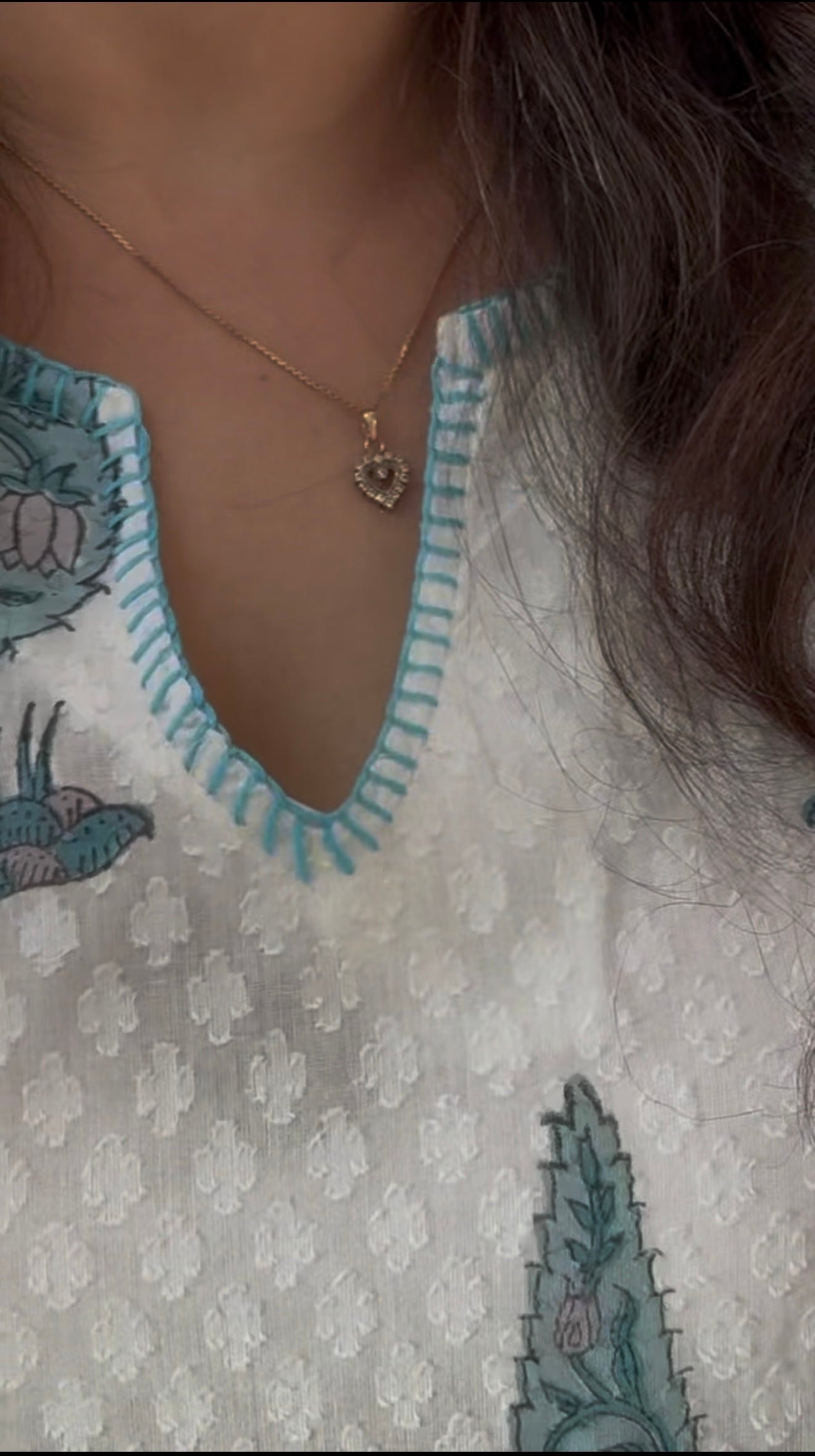 Block Print A-line Phiran Kurta: Blue Cypress