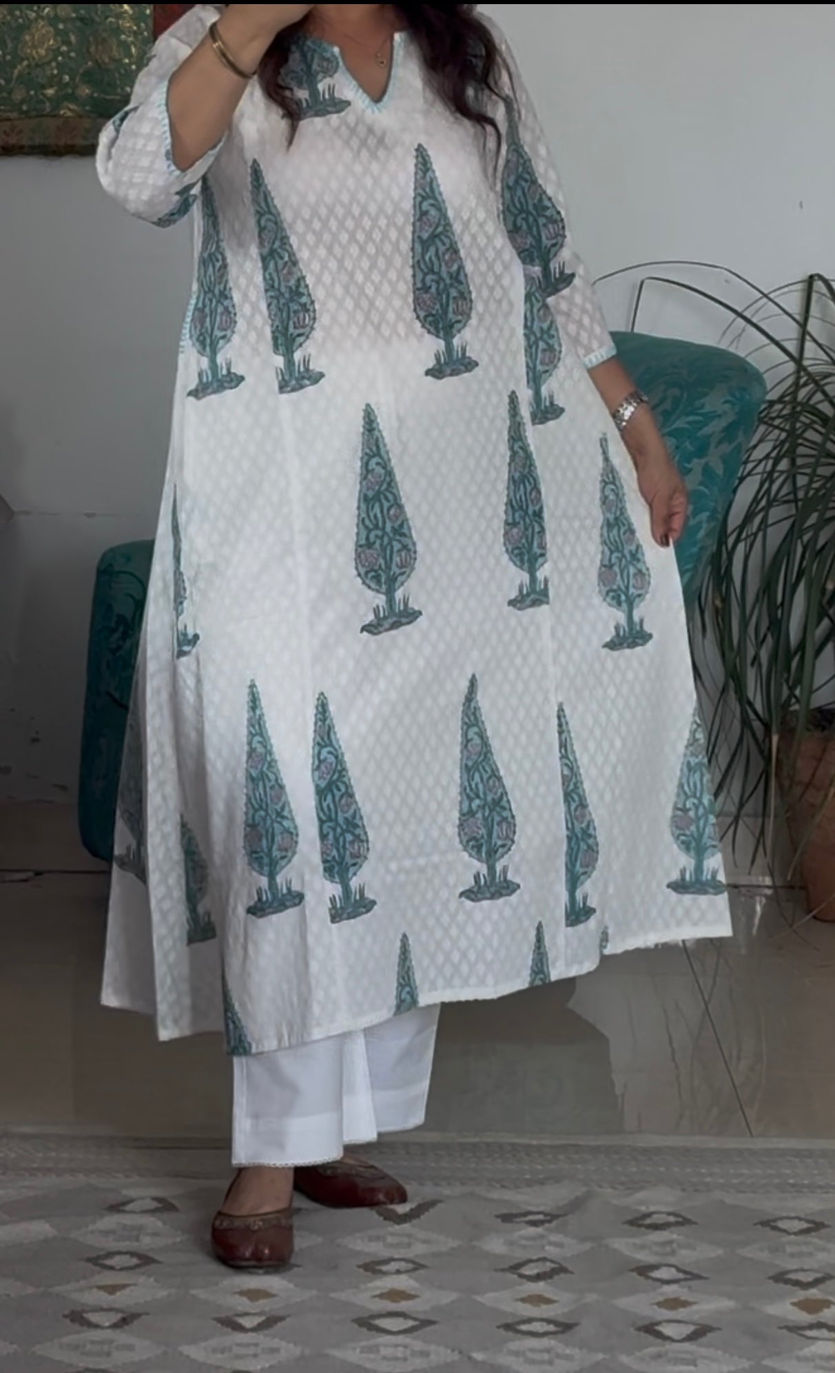 Block Print A-line Phiran Kurta: Blue Cypress