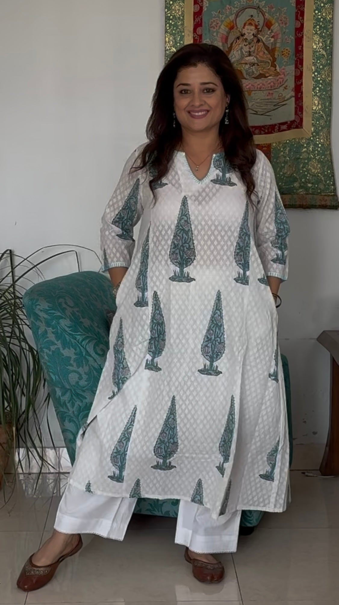 Block Print A-line Phiran Kurta: Blue Cypress
