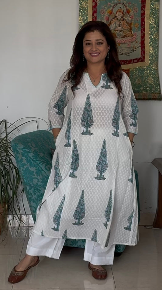 Block Print A-line Phiran Kurta: Blue Cypress