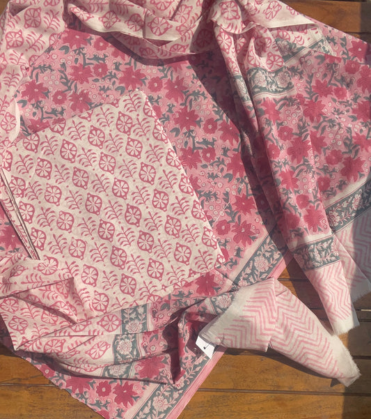 Hand Block Printed Cotton Suit Fabric Pink