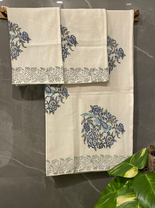 Block Printed Waffle Bird Towel Set