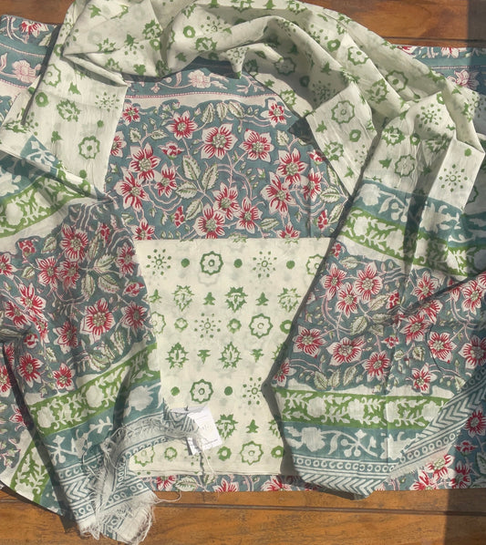Hand Block Printed Cotton Suit Fabric Green