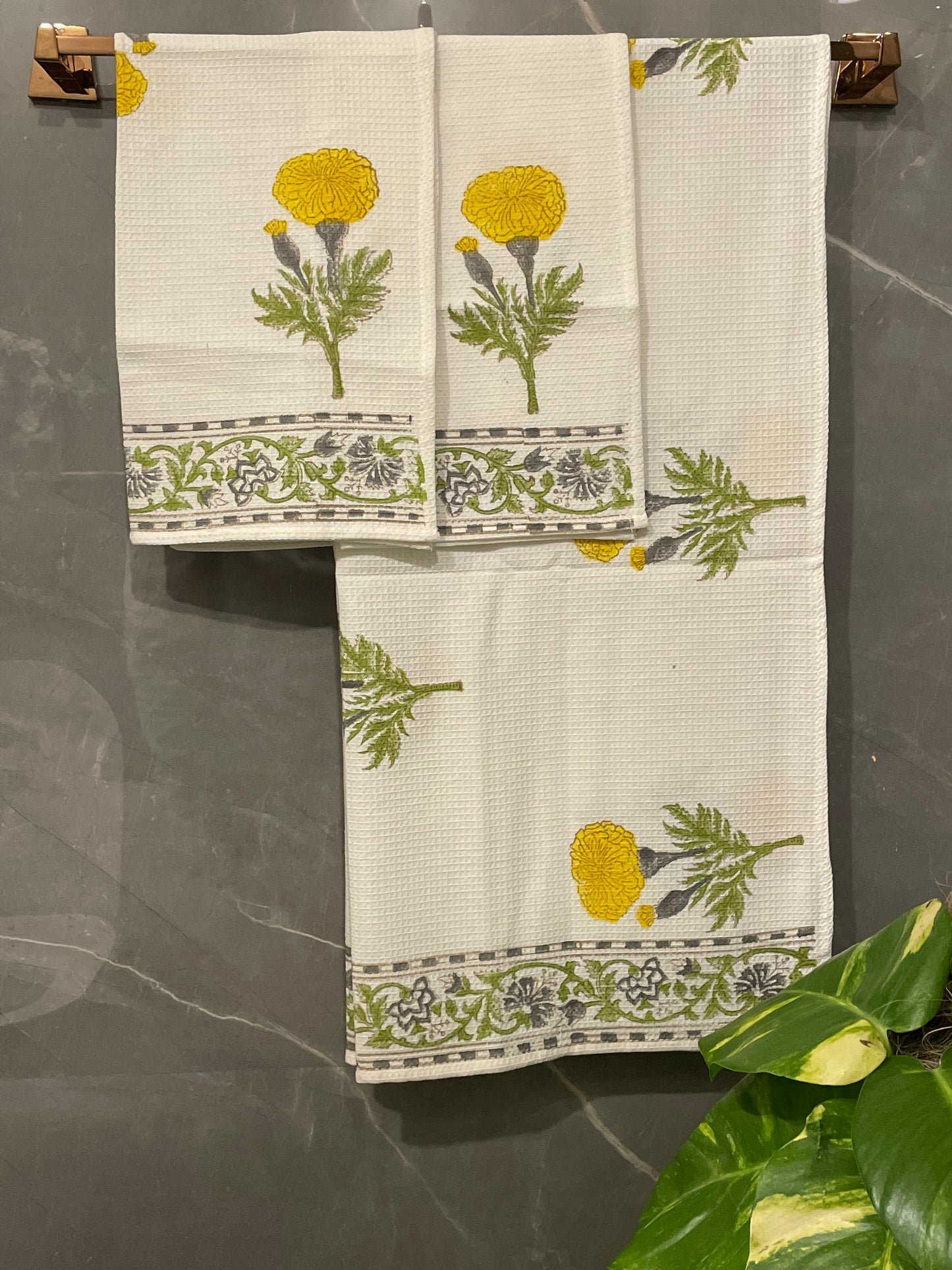 Block Printed Waffle Marigold Towel Set