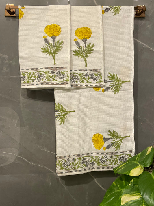 Block Printed Waffle Marigold Towel Set