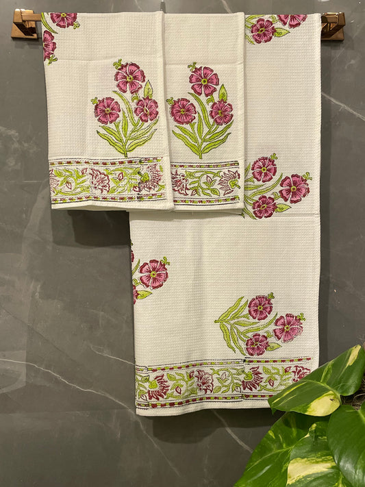 Block Printed Waffle Pink Flower Towel Set