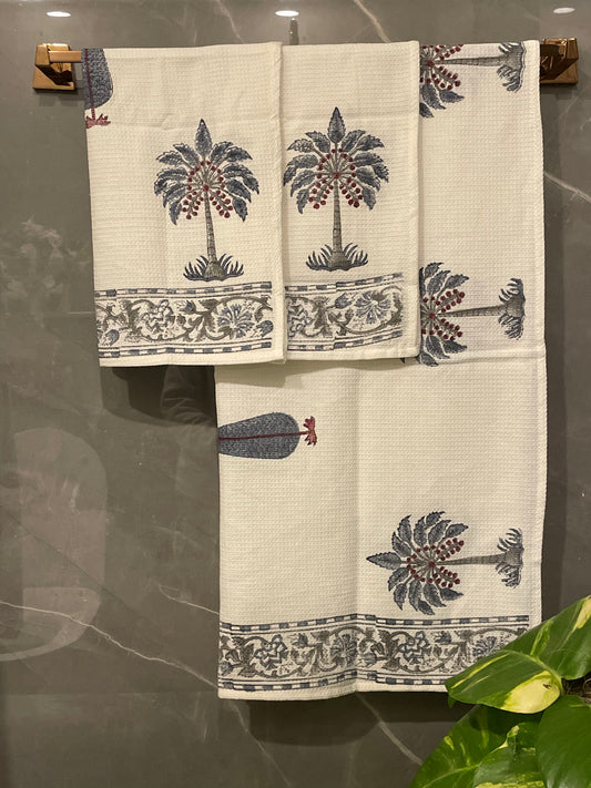 Block Printed Waffle Palm Towel Set