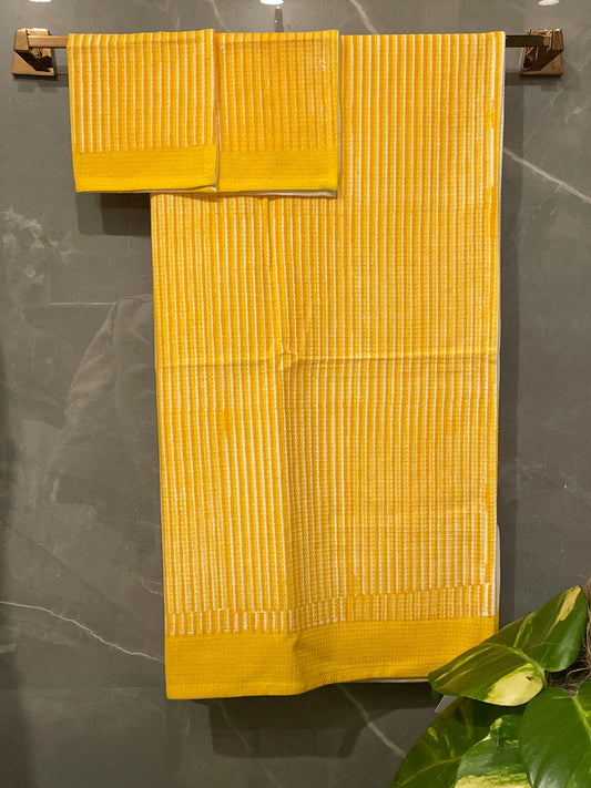 Block Printed Waffle Yellow Stripes Towel Set
