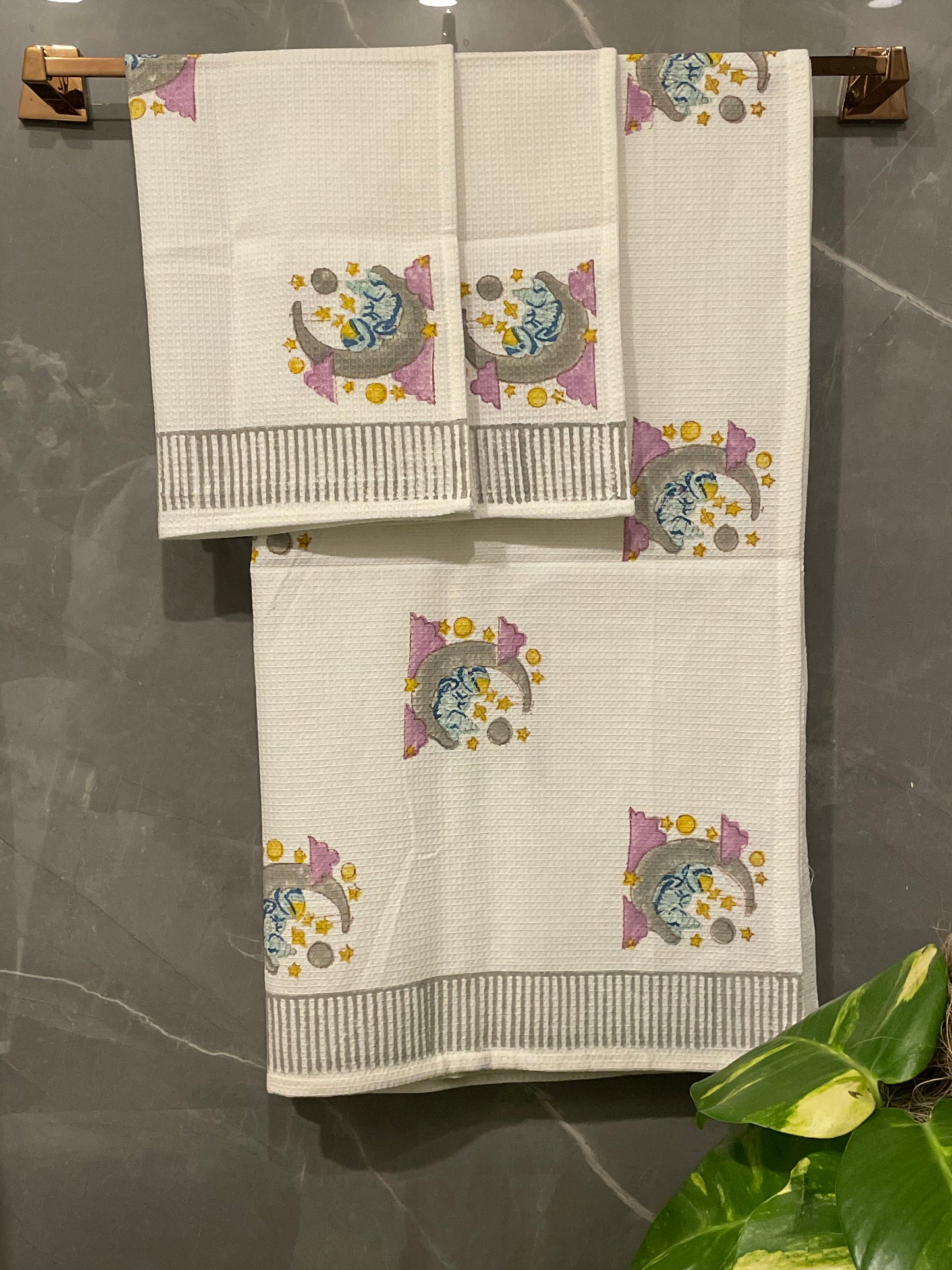 Block Printed Waffle Astronaut Towel Set