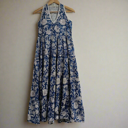 Hand Block Printed Halter Dress: Blue