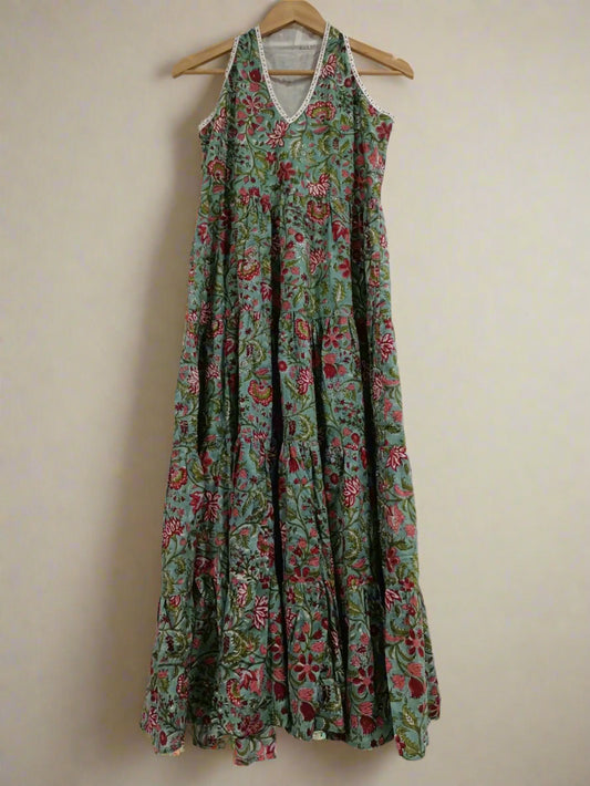 Hand Block Printed Halter Dress: Green with Red Flowers