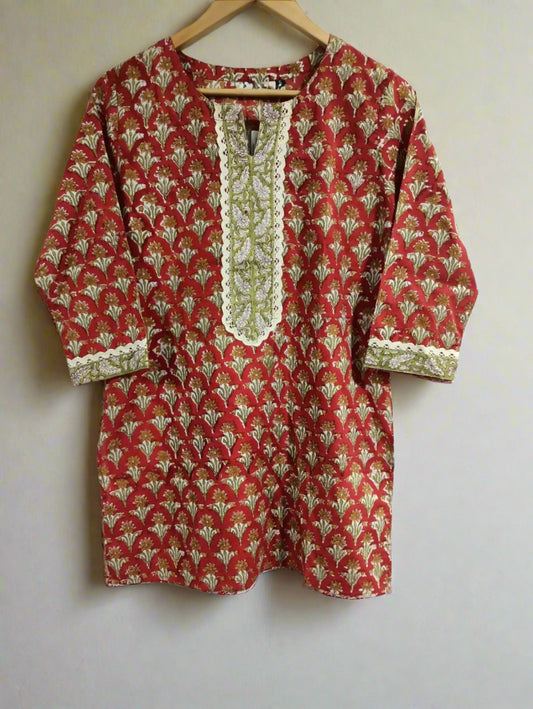 Hand Block Printed Crochet Lace Top: Red