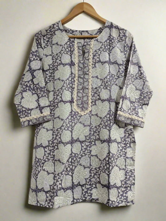 Hand Block Printed Crochet Lace Top: Lavender