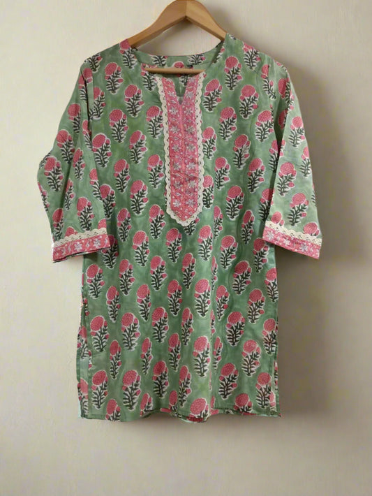 Hand Block Printed Crochet Lace Top: Green