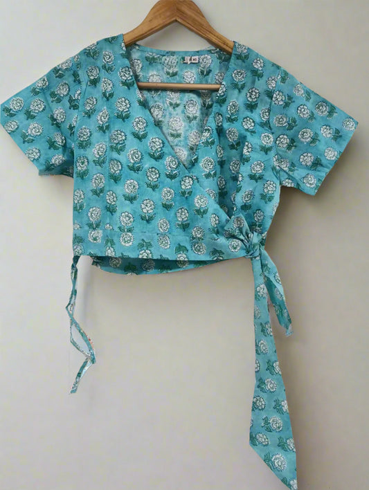 Hand Block Printed Crop Wrap Top: Sky Blue with White Flowers
