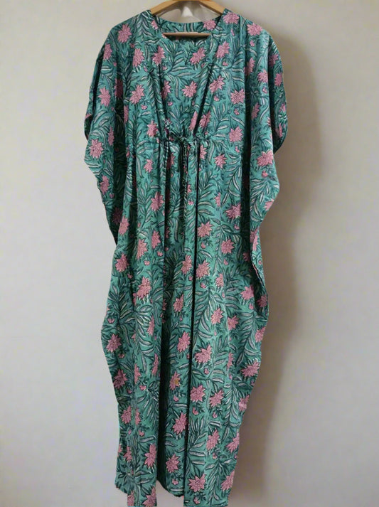 Hand Block Printed Long Kaftan: Blue