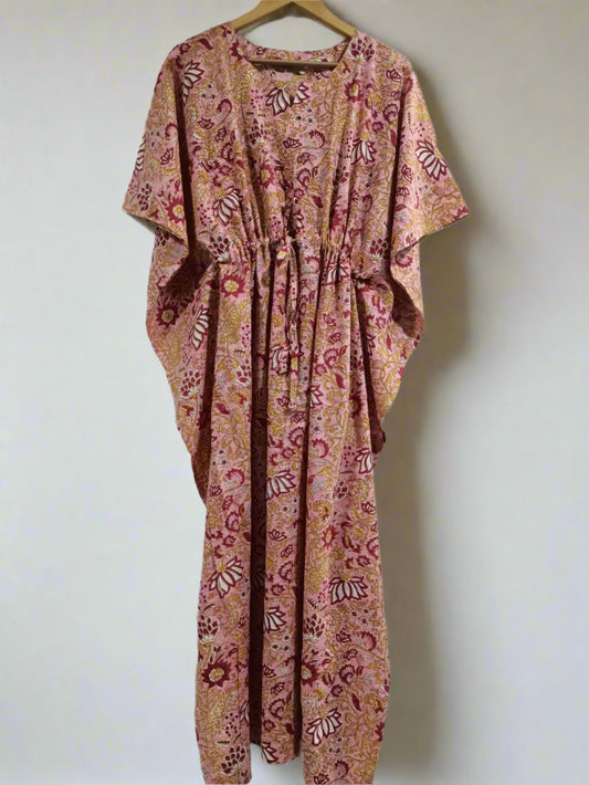 Hand Block Printed Long Kaftan: Pink