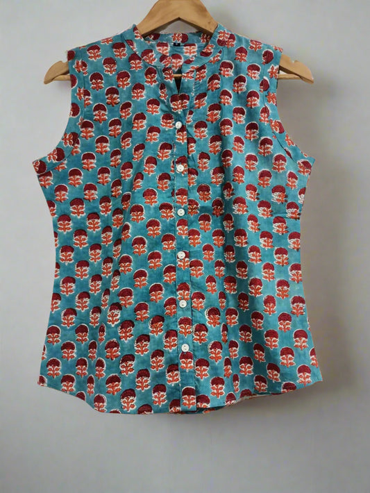 Hand Block Printed Sleeveless ButtonTop: Blue