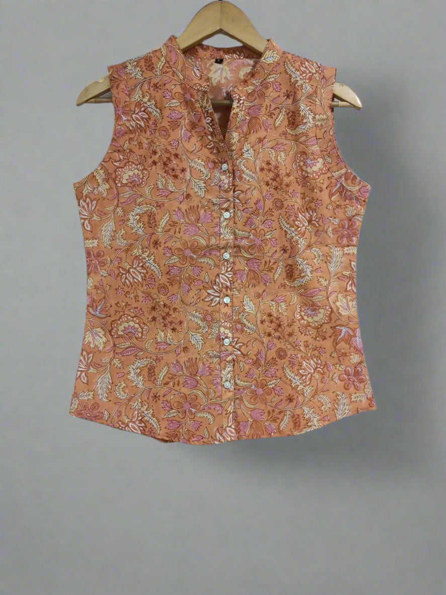 Hand Block Printed Sleeveless ButtonTop: Peach