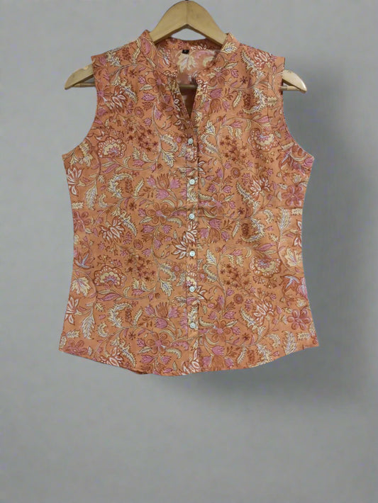 Hand Block Printed Sleeveless ButtonTop: Peach