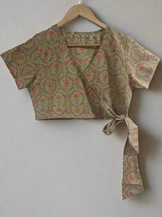 Hand Block Print Crop wrap Top: Green