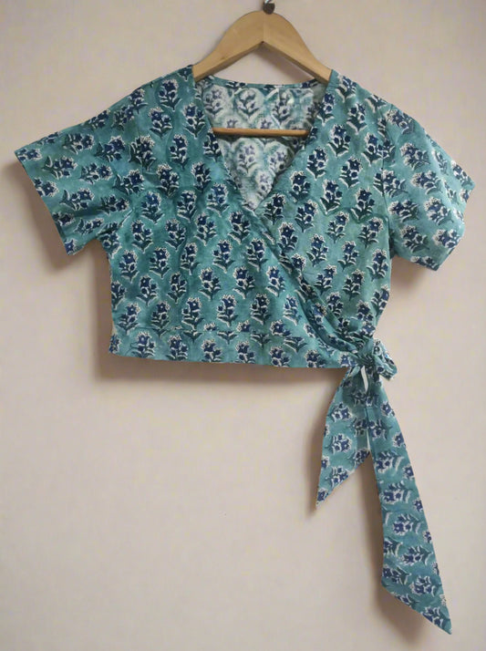 Hand Block Print Crop wrap Top: Sky Blue with Blue Flowers