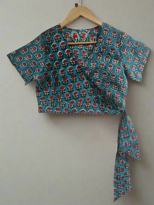 Hand Block Printed Crop wrap Top: Blue