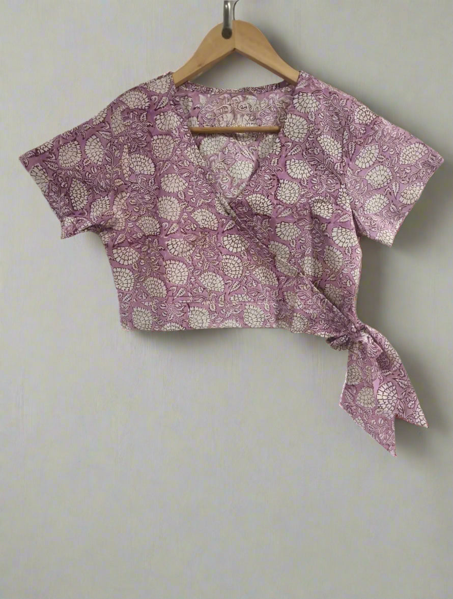 Hand Block Print Crop wrap Top: Lavender