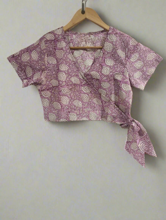 Hand Block Print Crop wrap Top: Lavender