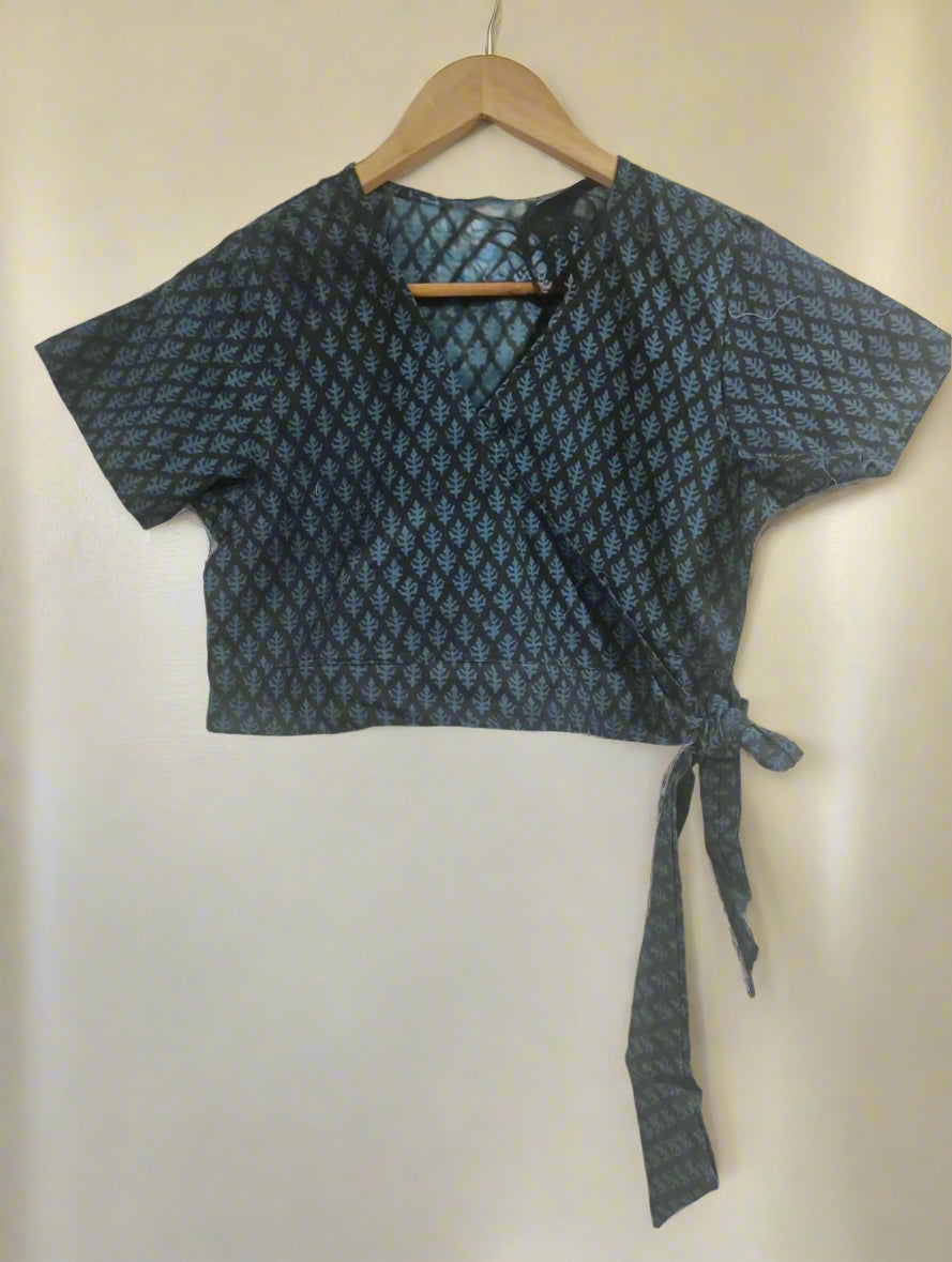 Hand Block Printed Crop wrap Top: Black