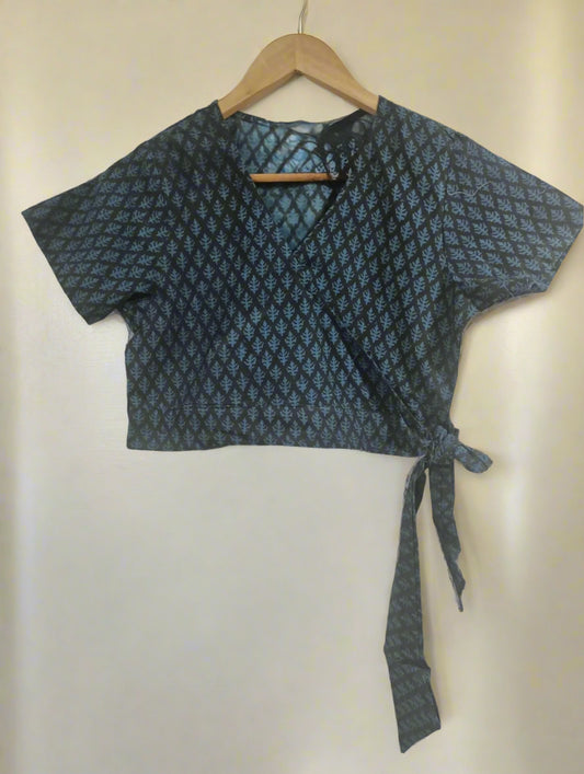Hand Block Printed Crop wrap Top: Black