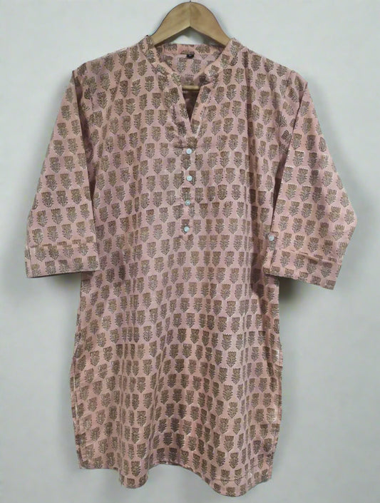 Block Printed Mandarin Collar Kurti-Peach lotus