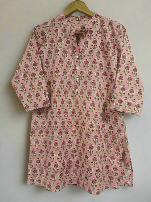 Block Printed Mandarin Collar Kurti: Peach