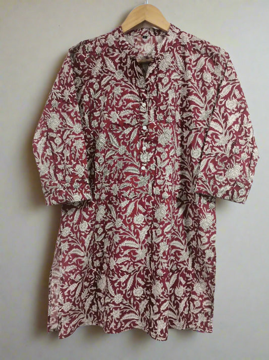 Block Printed Mandarin Collar Kurti: Maroon