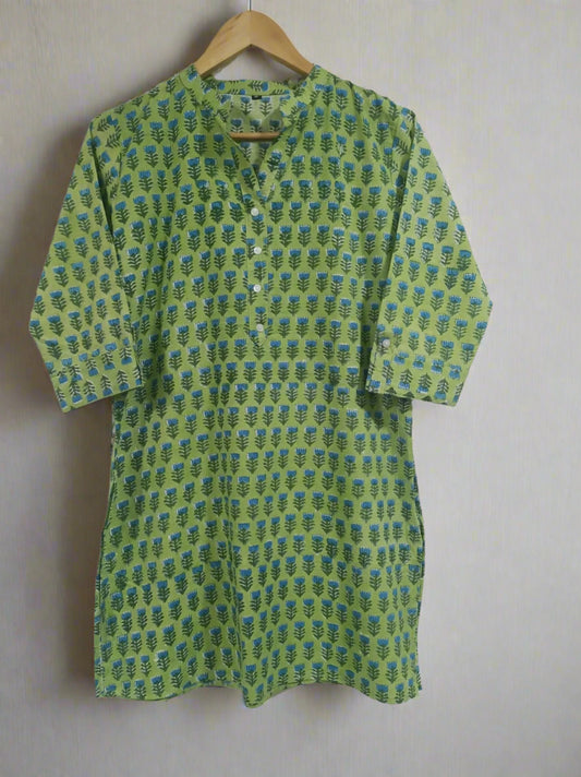 Block Printed Mandarin Collar Kurti: Green with Blue Butis