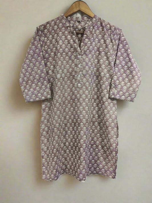 Block Printed Mandarin Collar Kurti: Wine