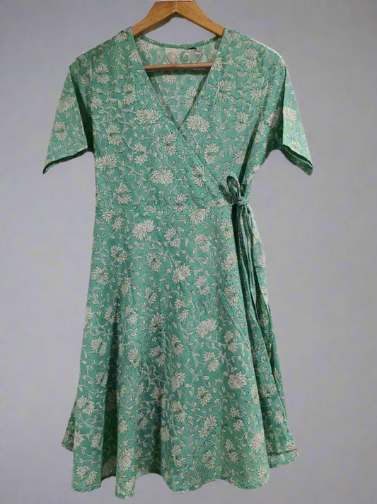 Hand Block Printed Cotton Wrap Dress: Sea Green
