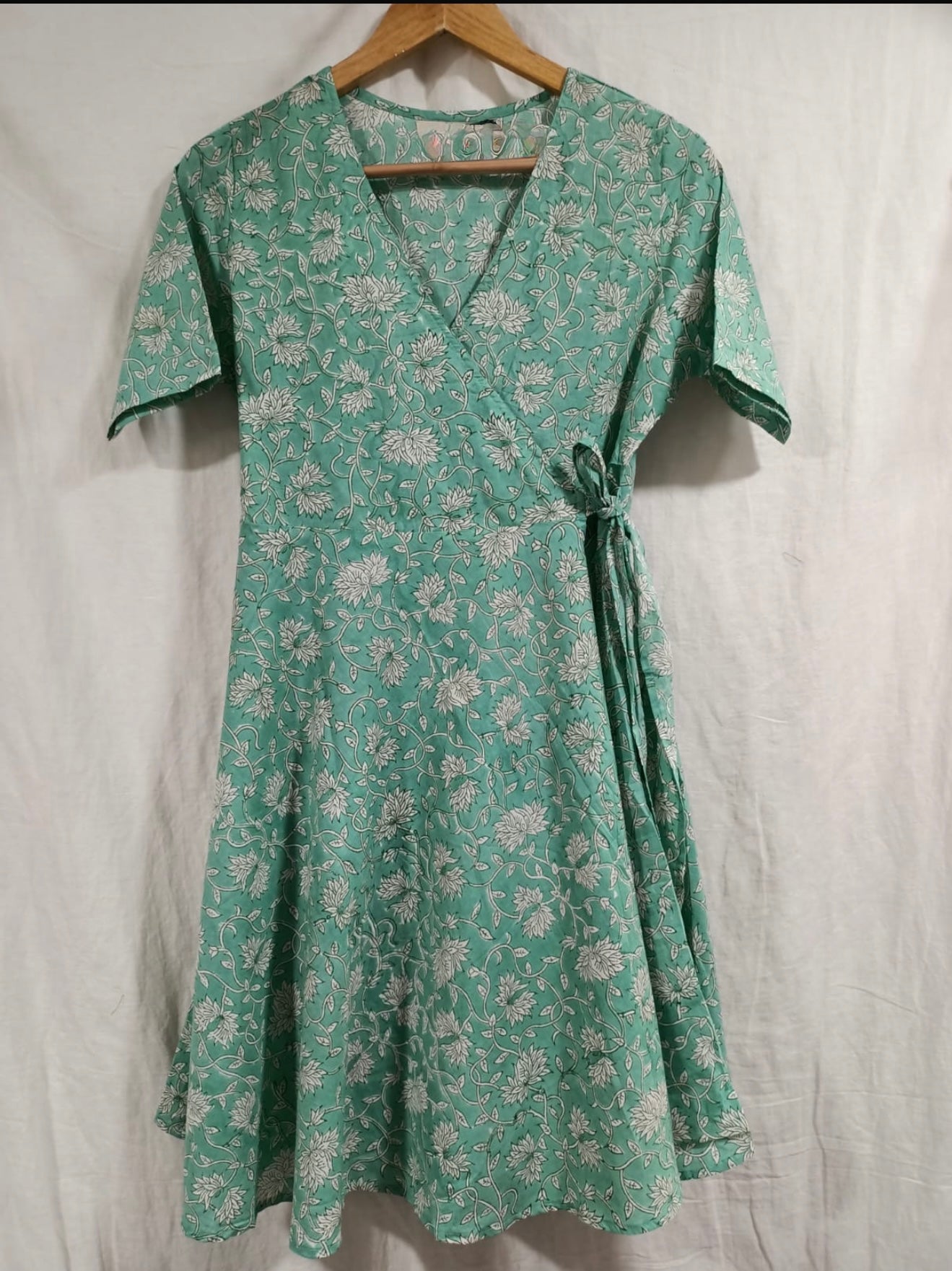Hand Block Printed Cotton Wrap Dress: Green with Orange Flowers
