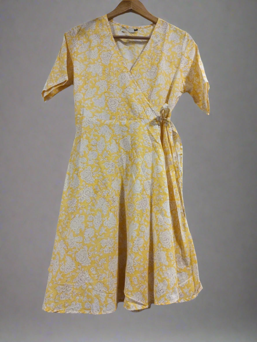 Hand Block Printed Cotton Wrap Dress: Yellow