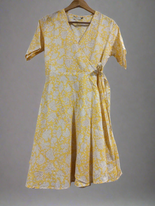 Hand Block Printed Cotton Wrap Dress: Yellow