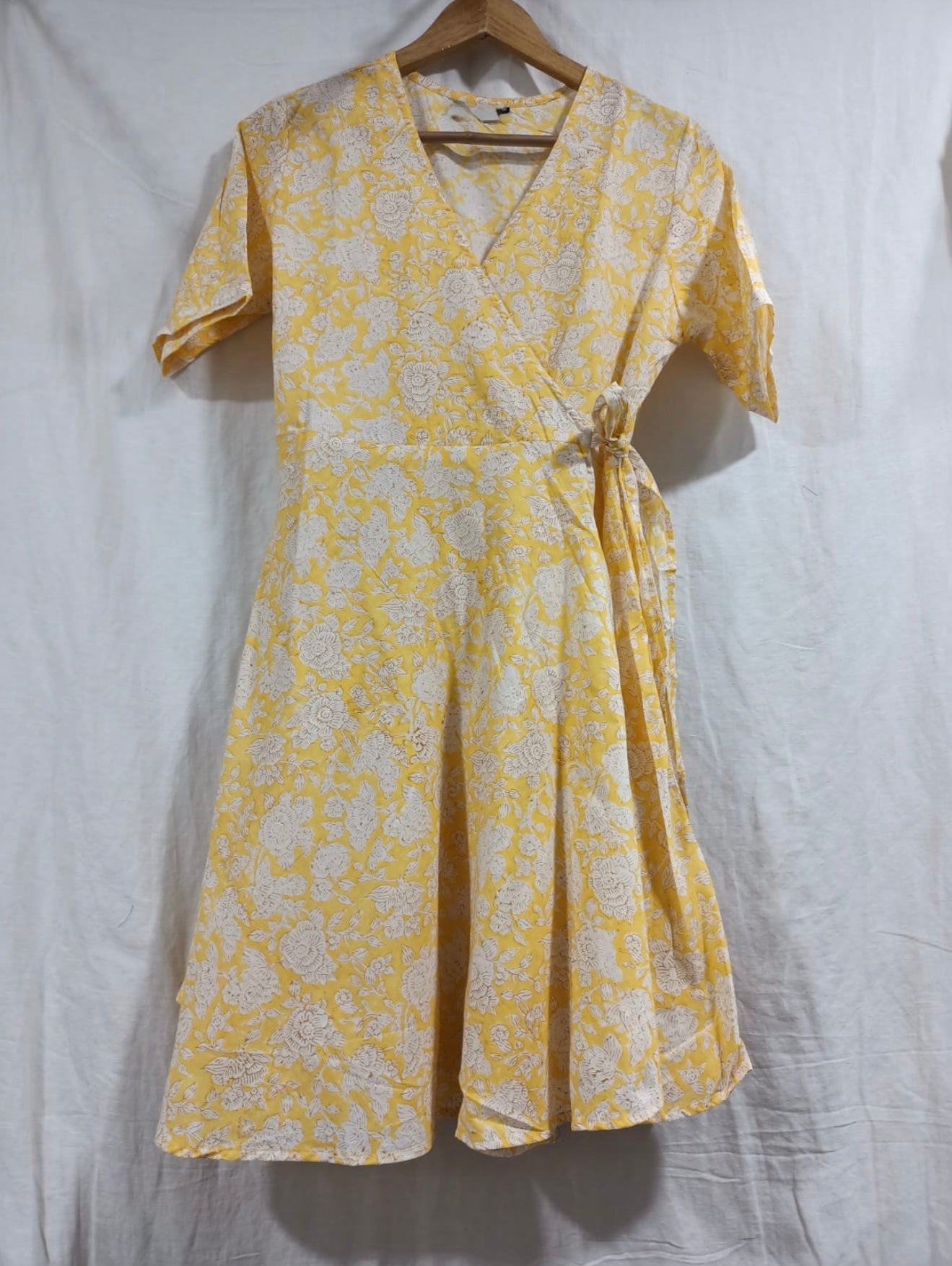 Hand Block Printed Cotton Wrap Dress: Green with Orange Flowers
