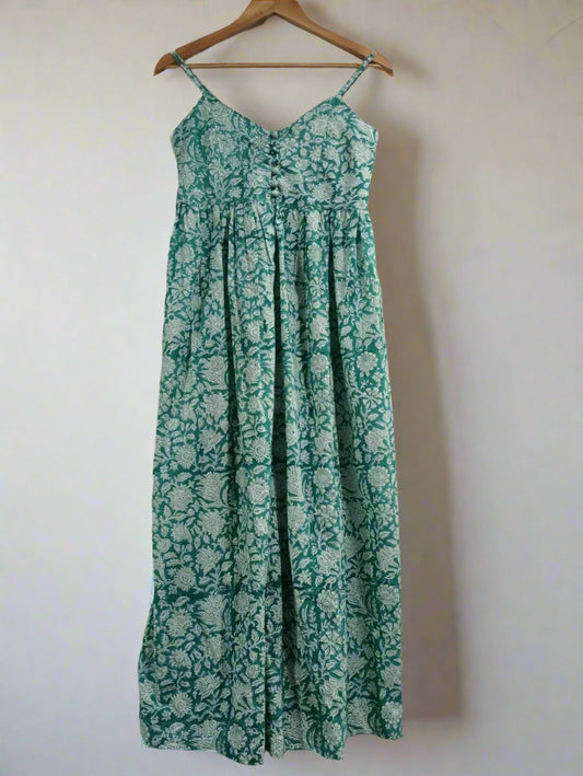 Hand Block Printed Strappy Dress :Sea Green